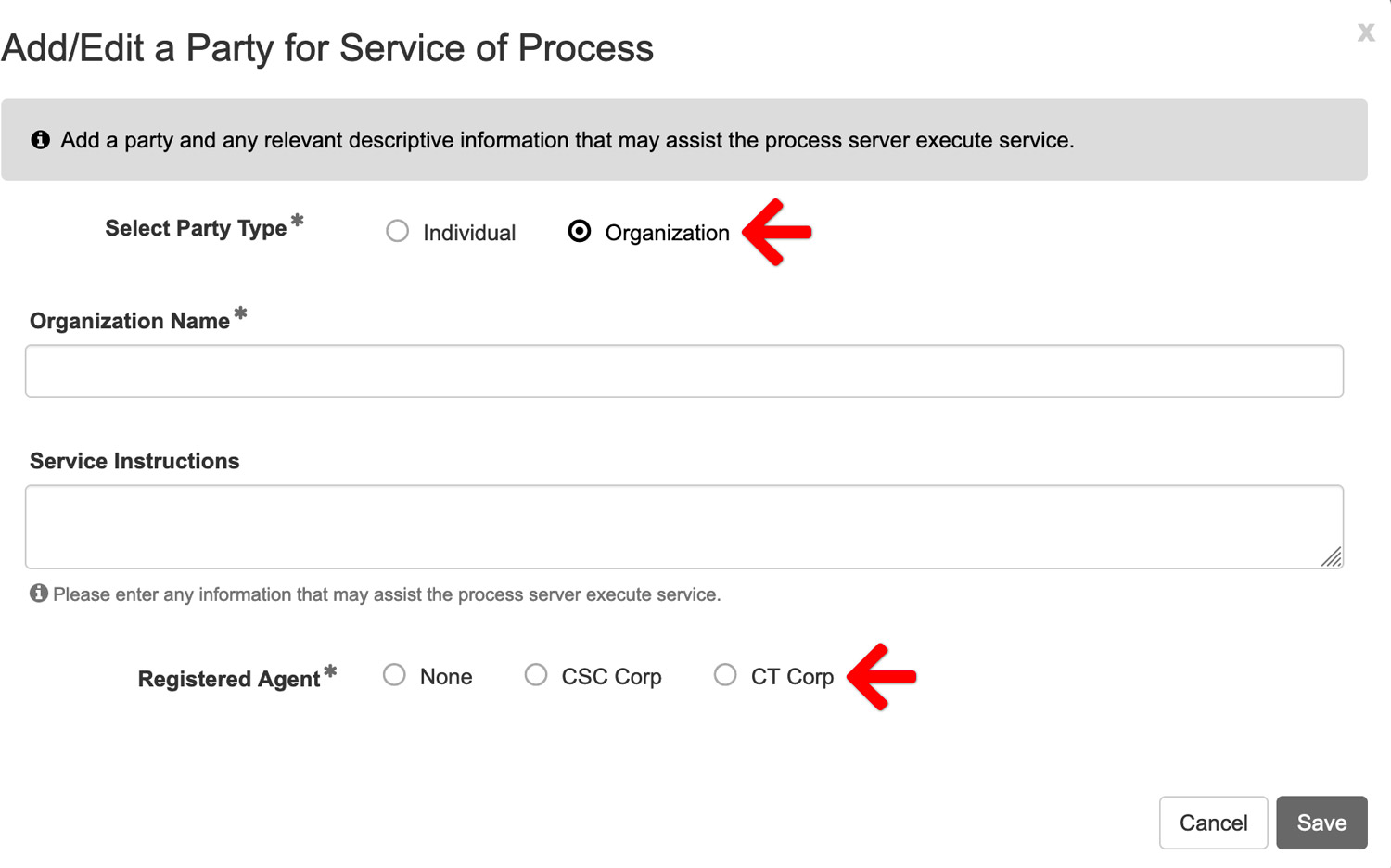 Add a Business or Organization for Service of Process