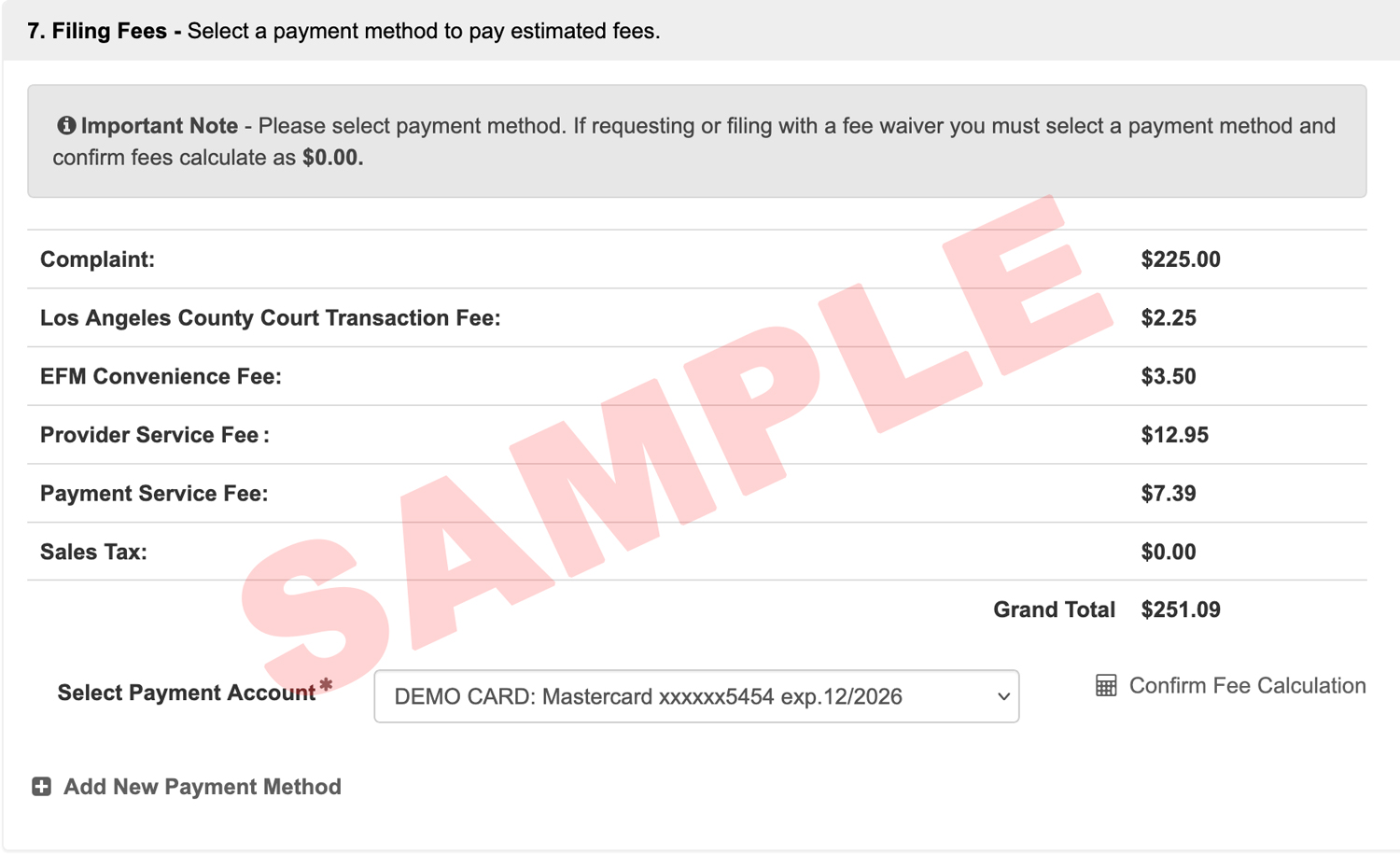 sample e-filing fees table