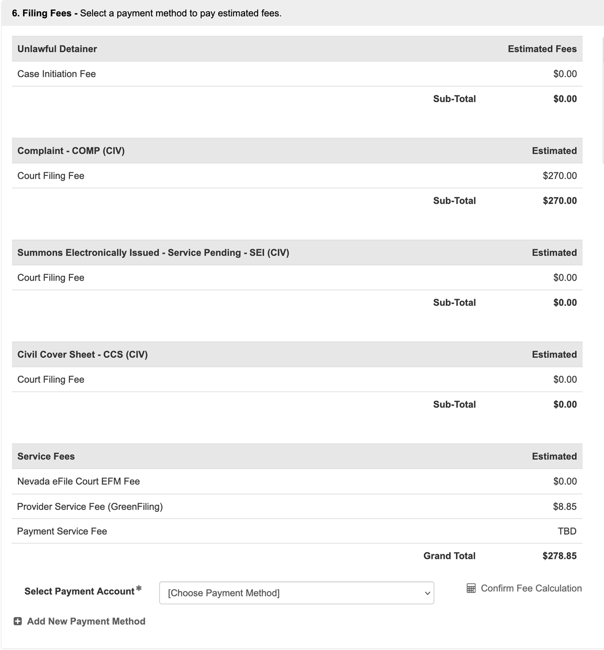 Estimated Filing Fees